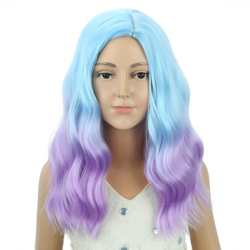 Image of PATTNIUM Blue Ombre Purple Short Curly Wavy Wigs for Girls Kids Side Part Shoulder Length Heat Resistant Synthetic Wig Halloween Cosplay Costume Party Wigs