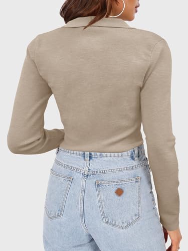 Camisetas de manga larga para mujer ajustadas básicas de punto elástico con cuello polo de botones 3