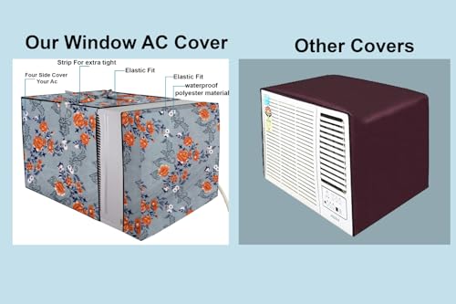 Image of The Furnishing Tree Elastic fit waterproof Polyester window ac cover suitable for Croma 1.5 Ton, Dustproof cover for inner and outer section, In CM: (67.31x66.04x45.72), Floral Pattern Blue
