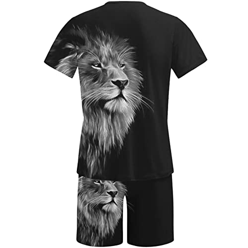Men's 2 Piece Tiger Graphic Outfits 3D Animal Printed Short Sleeve T-Shirts And Shorts Sets Summer Beach Tracksuit Gray #TOP2