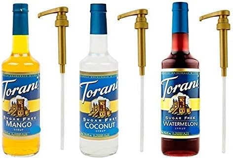 Torani Syrups Sugar Free Coconut, Mango, and Watermelon 25.4 Ounce (3 Pack) Plus Three Torani Syrup Pumps