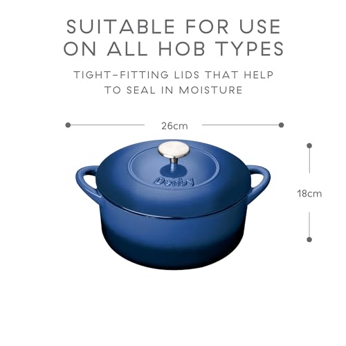 Denby - Cast Iron Casserole Dish with Lid - Cobalt Blue - 5.4L Capacity - Non-Stick - Ovenproof - Easy Grip Handles - For Braising, Stews, Roasting, Batch Cooking - 26cm x 26cm x 18cm