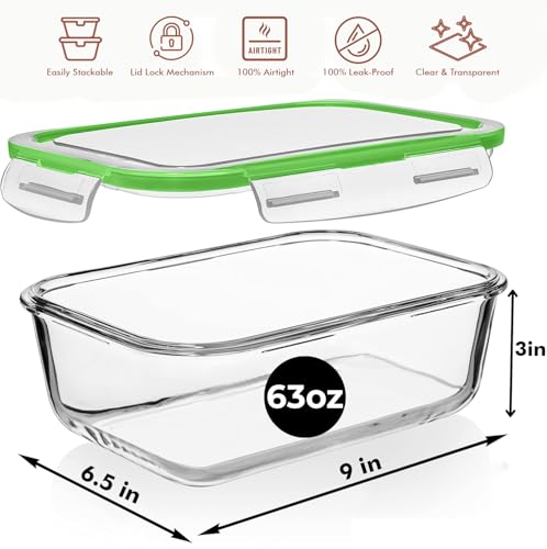 Image of Razab 4 PC 1860ml / 63 Oz / 8 Cups Large Glass Food Storage Containers with Lids - Glass Meal Prep Containers for Roasting & Storing Leftover, Lunch Container with Lids, Microwave & Oven Safe
