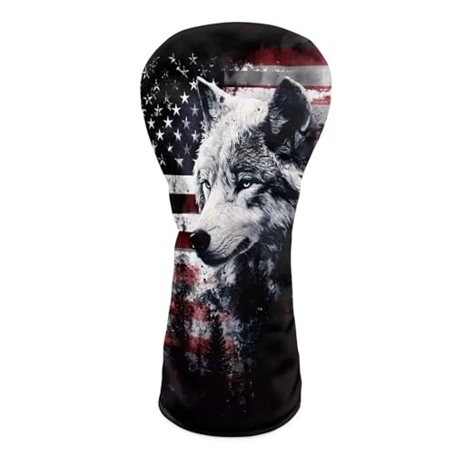 ELEQIN Leather Headcovers Wolf American Flag Golf Club Head Covers for Hybrid Fairway 3/5 Woods Driver Outdoors Sports Golf Accessories for Men Golfers Travel Daily Decor
