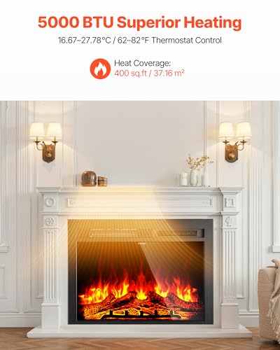 Image of VEVOR 28.5 inch Electric Fireplace Insert, Recessed & Wall-Mount, 5000BTU Indoor Heater with Adjustable Realistic Flame Colors & Brightness, 8h Timer, Tempered Glass, 750W /1500W Dual Heat, Black