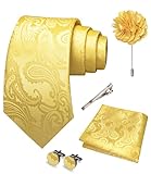 JEMYGINS Mens Bright Yellow Paisley Tie Necktie and Pocket Square with Lapel Pin,Cufflinks,Tie Clip Sets 5PCS(9)