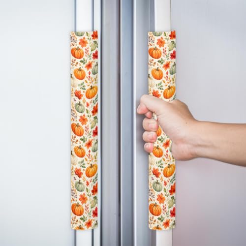Image of Autumn Refrigerator Door Handle Covers Set of 2 Fridge Door Handle Decor | Fall Pumpkin Washable Dishwasher Mocrowave Oven Protector Handle Cover Keep Your Kitchen Appliance Clean