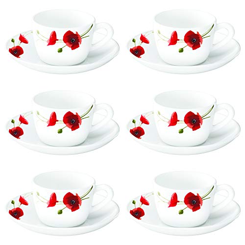 Larah by Borosil Red Carnation (LH) Cup and Saucer Set, 140ml, 12-Pieces, White, HT12CS14RCA1, HT12CS14RCA1 (Opalware)
