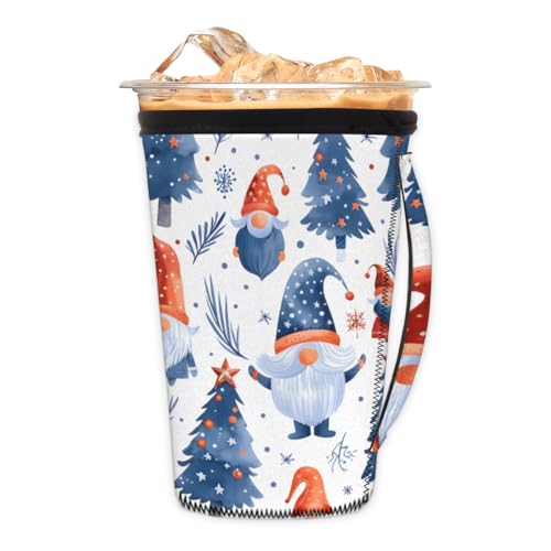 Reusable Iced Coffee Cup Sleeve Christmas Gnome Neoprene Insulated Sleeves Cup Cover Holder Coffee Cup Sleeves With Handle For Cold Drinks Tumbler Cup,24-28 Oz