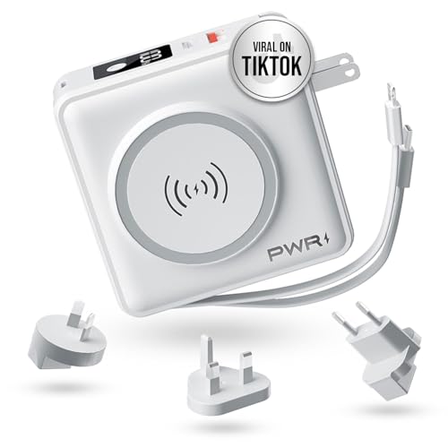 PWRMobile PWR Travel PRO 5-in-1 Power Bank – 10,000mAh with Built-in Cables – 20W USB-C + 15W Wireless Charging – Compact Portable Charger for iPhone & Android - White