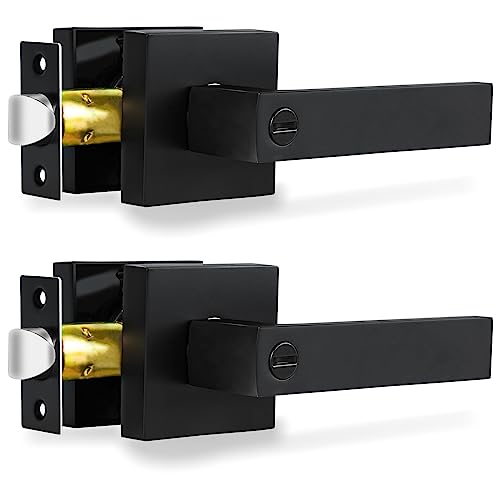 Privacy Interior Door Lever, 2 Pack Heavy Duty Matte Black Door Handles Square Door Knobs for Bedroom & Bathroom Keyless Door Lock Handles for Right & Left Sided Doors