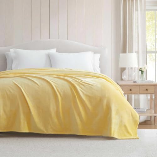 Image of Martha Stewart - Twin Size Blanket, Ultra-Soft Plush Fleece Throw Blanket with Double-Needle Stitching, 350 GSM, Medium Weight Bedding for Bed or Couch (Bedford Solid Yellow)