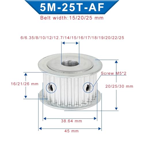 Poulie en aluminium 5M-25T AF pour courroie de 15 mm avec alésage 10 mm - 2