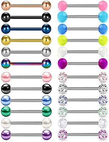 Rajnard Tongue Bar Tongue Piercing 14G 14mm 16mm Surgical Steel with Pearl Ball Glown in The Dark Glitter Ball Nipple Bar Nipple Tongue Ring Piercing Jewellery