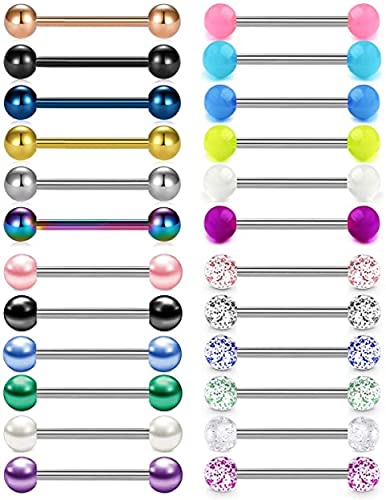 Rajnard Piercing Langue Téton Mamelon 24pcs mélange des Couleurs 14G Acier Chirurgical avec Boule à Paillettes Zircon Perle Lumineux Bijoux de Piercing Femmes Filles Cover