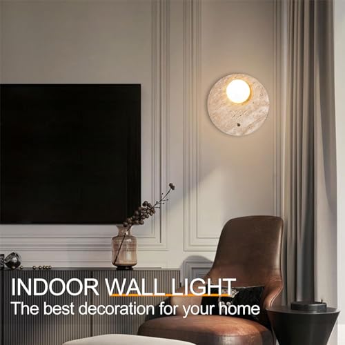 Image of Vintage Stone Wall Lights for Living room Bedroom Wall Lamp with G9 LED Glass Shade Indoor Round Travertine Sconce Wall Lights Fixtures with Switch for Vanity Staircases（Bulb Not Included）