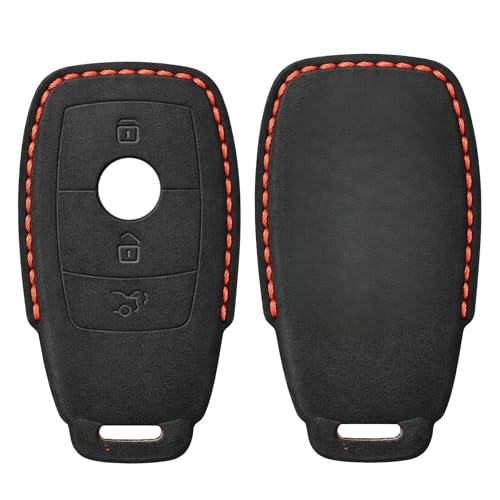 Image of KMH Alcantara Car Key Cover Compatible with Mєrcєdєs W205, E320L, C200, C180, C260, C300 Series Model 3 Buttons Shell Case Holder Full Key Protector Smart Keycover, Black - Pack of 1
