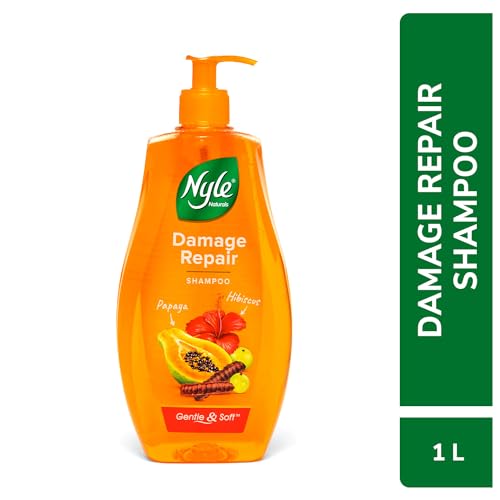 Nyle Naturals Damage Repair Shampoo 1 L | Hair Repairing with Papaya, Hibiscus, & Shikakai | pH Balanced & Paraben Free Gentle & Soft Shampoo For Women & Men