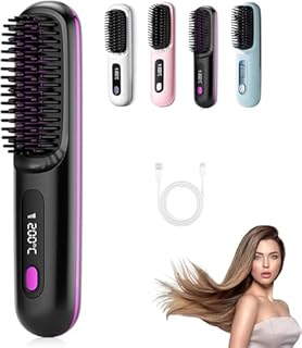 Brosse chauffante pour cheveux courts, Brosse à Lisser 3 Niveaux de Chauffage et écran LED et rechargeable via USB,Brosse lissante chauffante, légère et portable (Noir)