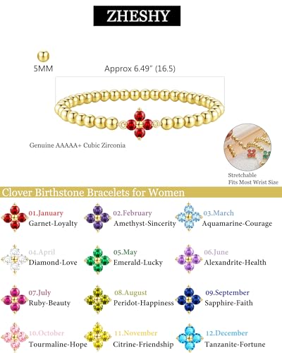 ZHESHY Birthstone Gold Bracelets for Women Trendy Clover Charm Bracelets Non Tarnish 14K Gold Plated Stretch Beaded Friendship Bracelets Womens Jewelry Valentine's Day Gift — view 3