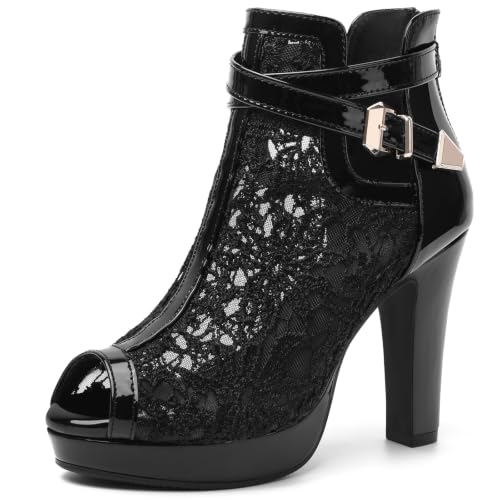 Image of Susanny High Heel Boots for Women,Womens Platform Boot Heels Sexy Round Toe Lace UP High Heels Mid Calf Boots