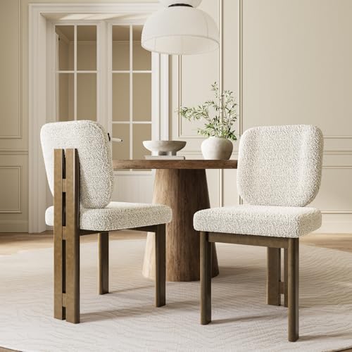 CIMOTA Modern Boucle Dining Chairs Set of 2, Upholstered Armless Side Chairs with Ergonomic Curved Back/Walnut Wood Legs, Mid-Century Accent Chairs for Kitchen or Dining Room, Beige