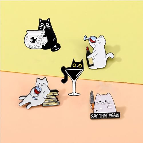 Image of White & Black Cat Enamel Lapel Pins for Women Girl Cute Animal Enamel Brooch Pins for Jackets Playful Cat Enamel Brooch Badge DIY Accessories Decor