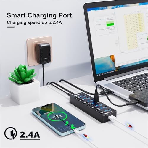 Powered USB Hub 3.0,VEMONT 7 Ports Multi USB hubs and 1 USB Smart Charging Port with 5V/3A Power Supply,USB Extension Splitter with Individual On/Off Switches and 4ft/1.2m Long Cable for PC/Laptop - Image 4