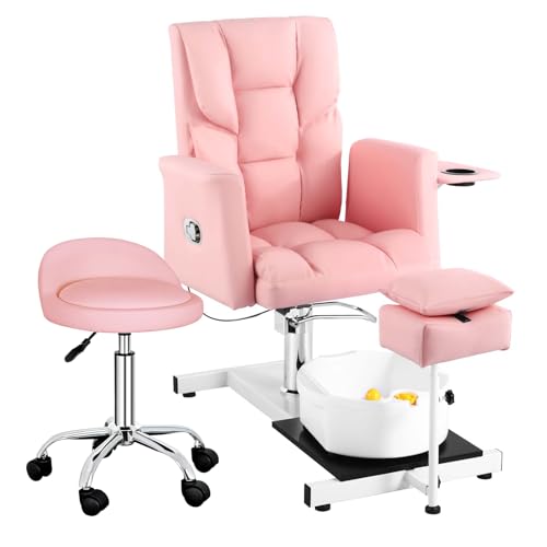 Pedicure Chair with Stool & Bubble Massage Foot Bath, Hydraulic Pedicure Chair for Nail Tech, No Plumbing, 360 ° Rotation for Beauty Spa Salon Unit Station Pink