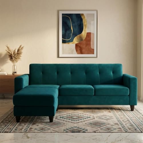 Image of Homeboy 4 Seater L Shape Sofa Set with Movable Ottoman | Flexible Left or Right Layout | Luxe Velvet Suede Fabric | Comfortable Seating | Modern Sofa for Living Room -Green Teal Color
