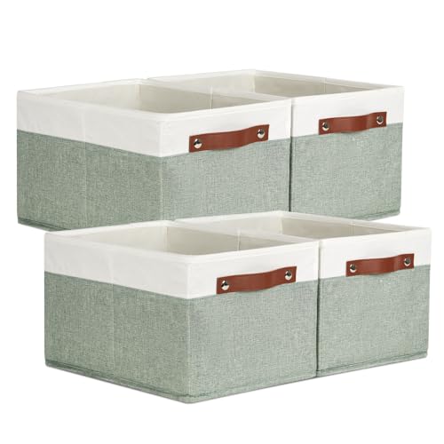 Temary Storage Bins Storage Baskets 4Pack Fabric Storage Bins for Shelves with Dual Leather Handles Canvas Storage Boxes for Organizing Home, Shelf, Closet (White&Green)
