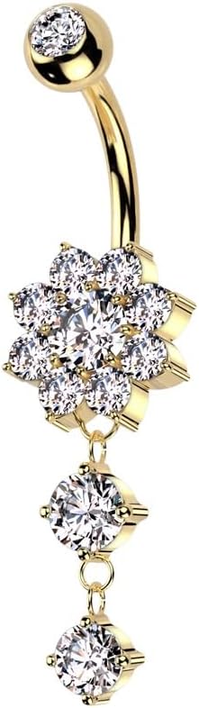 Pierced Owl 14GA 316L Stainless Steel CZ Crystal Flower with Dangling Double Gem Drop Belly Button Ring