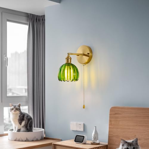Image of Vintage Wall Sconces with Pullswitch, 180 Degree Adjustable, Hradwired Modern Wall Lighting Fixture with Green Tulip Glass Lampshade for Bedroom Bedside Bathroom