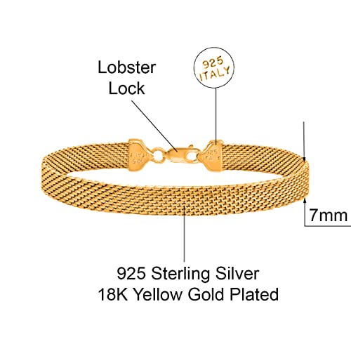 Savlano 925 Sterling Silver 7MM Coreana Flat Mesh Chain Bracelet - 18K Gold Plated 7.5 Inch Mesh Bracelet for Women - Made in Italy Comes Gift Box2