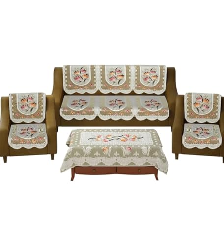 Image of Sofa Cover with Table Cover 3 Seater and 2 Seater, 5 Seater Cotton Net Panels for Home Office Living Room Sofa Couch, 3+2 Slip Cover for Furniture Protector (Beige Flower)