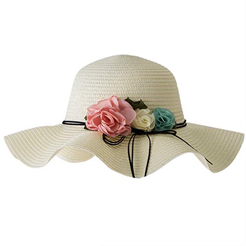 Cuekondy Kids Baby Girls Child Wide Brim Flower Straw Beach Sun Hat Summer Outdoor Sun Protection Hat UPF 50+ (White, 2-6 Years Old)