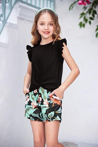 Image of Arshiner Girls Shorts Sets 2 Pieces Outfits Twist Front Ruffle Sleeve T-Shirts and Shorts With Pockets Cute Clothes Sets