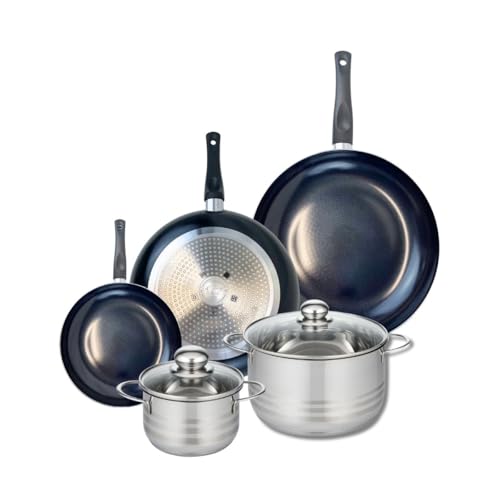 ELO 9747550 Batterie de cuisine 5 pièces, Ensemble de 3 Poêles de cuisson 20, 28 et 32 cm et 2 faitouts 14 et 20 cm Elo Prima Brillant, inox, induction, Noir