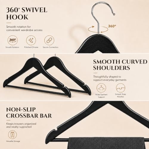 Image of Ash & Roh - Wooden Suit Hangers - Smooth Finish Solid Wood Coat Hanger with Non Slip Pants Bar, 360 Swivel Hook and Precisely Cut Notches Camisole, Jacket, Clothes Hangers (Lack Hanger, 100)