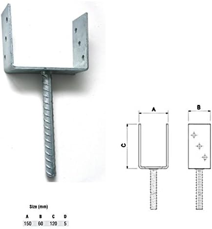 Galvanised U Type Post Fence Foot Anchors 150 x 60 x 120 x 5 mm Pack of 001