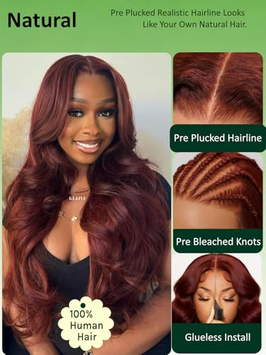 Image of KLAIYI Bye Bye Slip Reddish Brown Loose Body Wave Glueless Precut 7x5 Lace Front Wig Human Hair Drawstring Pre Plucked Bleached Knots 30S Ready to Wear and Go Wig Pre Everything Cooper Red Wig 22Inch