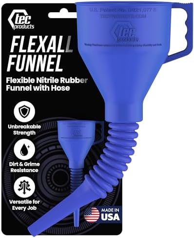 TEC Products FlexAll Long Flexible Funnel for Automotive Use - Durable Nitrile Rubber - Ideal for Car Oil Change, Transmission Funnel Fluid, Diesel, Fuel, Gas - Made in USA - Blue (16 x 5 Inches)