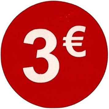 Etiquetas de Precio 3€ Euro Pack de 1000 Pegatinas Redondas Rojas Adhesivo Desplegable Price Stickers Rebajas Descuentos Oferta Liquidación