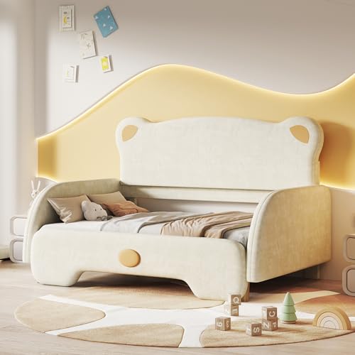 Cama infantil, tapizada, cama juvenil, (con colchón), cama doble en forma de oso, cama nido, con bordes protectores suaves, con listones de madera, terciopelo, beis, 140 x 105 cm, colchón de esponja