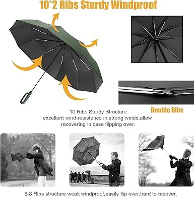 Image of Umbrella for Men Women || Folding Umbrella With Carabiner Handle || 10 Reinforced Ribles || Windproof and Sunproof || Auto Umbrella Big Size for Men /Women /Kids
