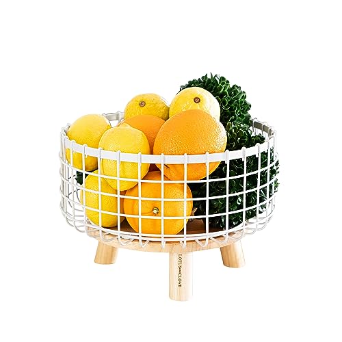 Lotusandclove Fruit Bowl For Kitchen Countertop, Metal Wire Round Fruit Basket With A Wooden Base, Modern, Decorative Fruit And Vegetable Bowl Basket Organizer, Grey #TOP21