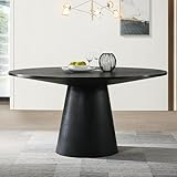 Lilola Home Jasper 59' W Ebony Black Round Dining Table – Contemporary Solid Wood Pedestal Table with Bold Modern Finish and Oak Veneer Grain Texture