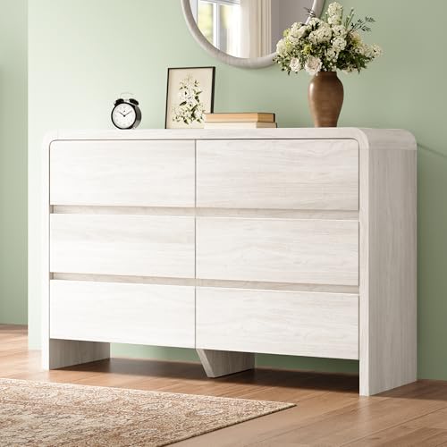 Image of AMERLIFE 6 Drawer Dresser for Bedroom, 49 inch Wide Modern Storage Cabinet with Rounded Edges & Anti-Tip Kit, Wood Chest of Drawers for Closet, Hallway (White, 15.8 inch D*48.8 inch W*33.3 inch H(6 Drawers))