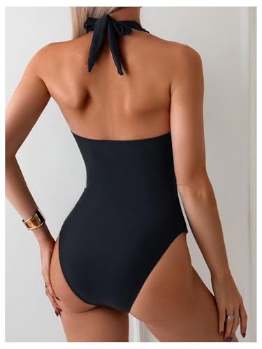 MakeMeChic Women's One Piece Swimsuit Floral Lace Halter Tie Back Beach Bathing Suit2