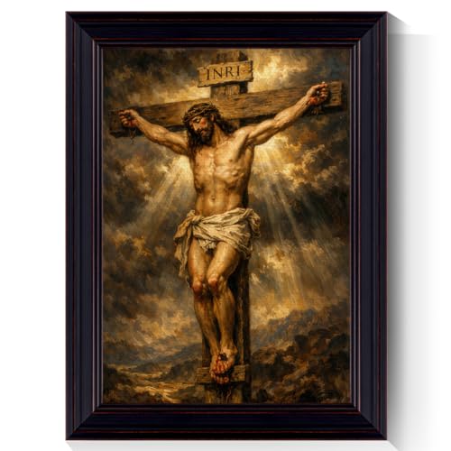 Framed Jesus Crucifixion Canvas Wall Art, Good Friday Religious Poster, Jesus on the Cross INRI Oil Painting Prints | Christian Bible Picture Artwork | Vintage Spiritual Wall Decor 12x16in